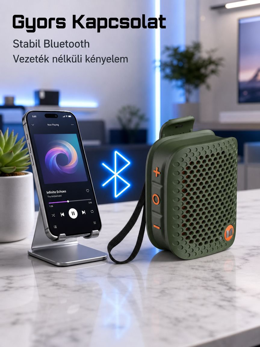 Hordozható mélynyomású, hosszú üzemidejű, csíptethető Bluetooth hangszóró