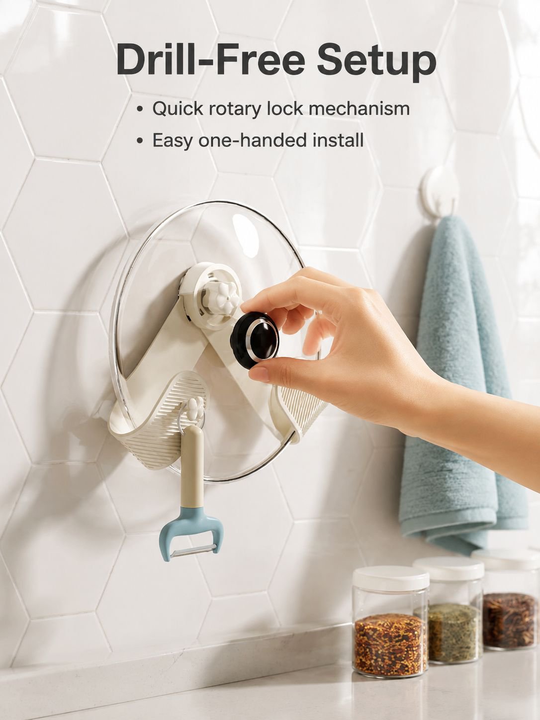 Non perforated suction cup wall mounted pot lid rack