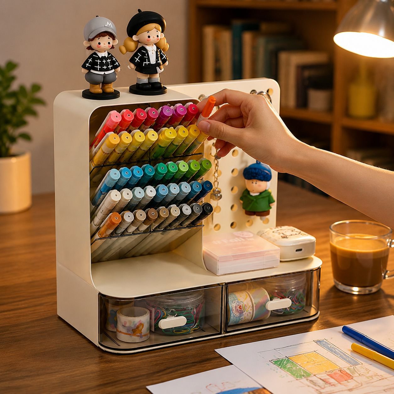 Organized workspace using pegboard pen holder