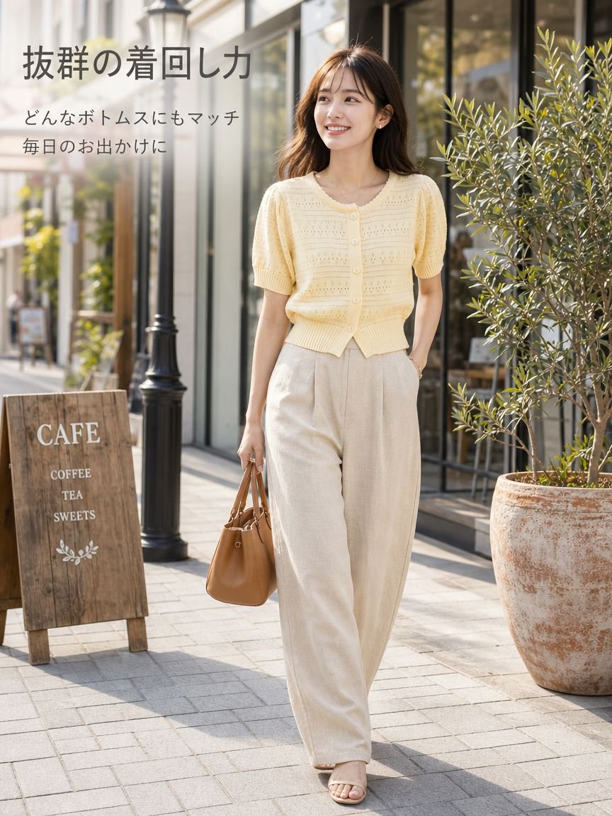 フレンチシックで若々しいイエローの半袖ニットカーディガンは、女性のための新しい夏のスタイル。ファッショナブルで美しく、個性的なショートトップスです。