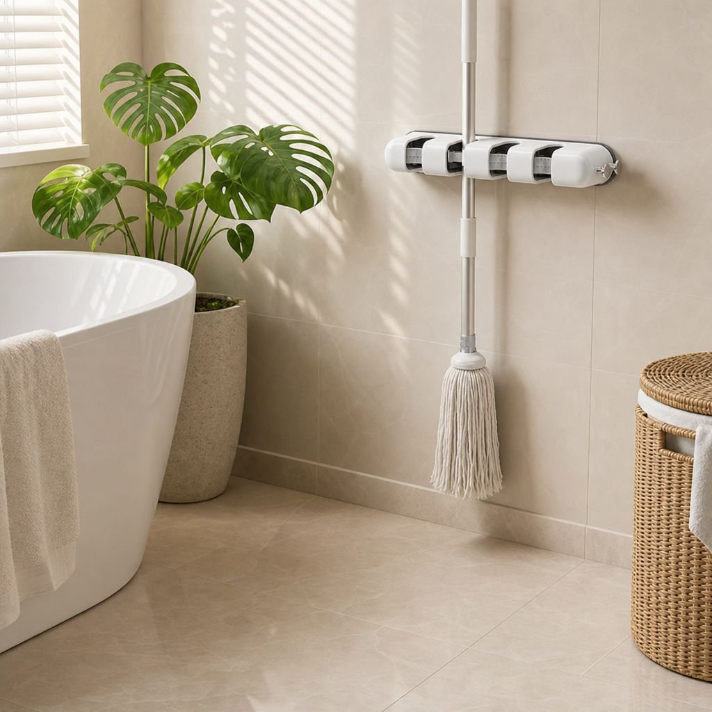 Stainless steel mop and broom organizer on bathroom wall