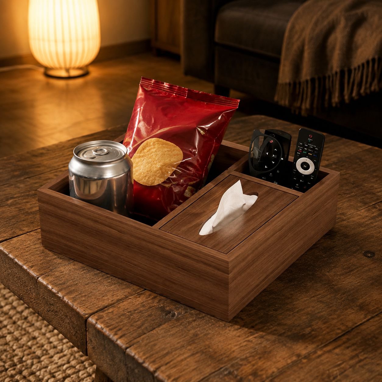 Coffee table with storage for tissues and remotes