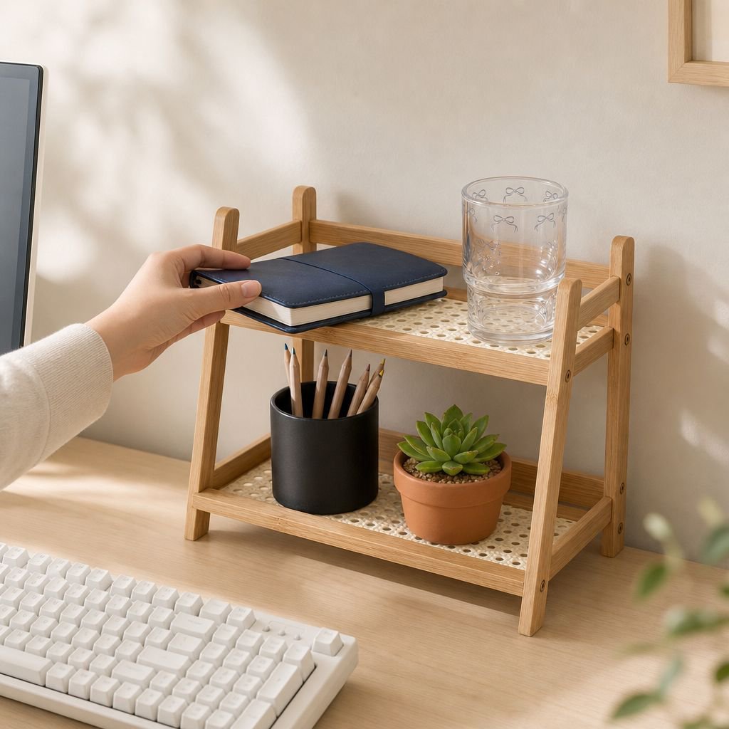 Cream-colored multifunctional bedside shelf, rattan style, suitable for home kitchen