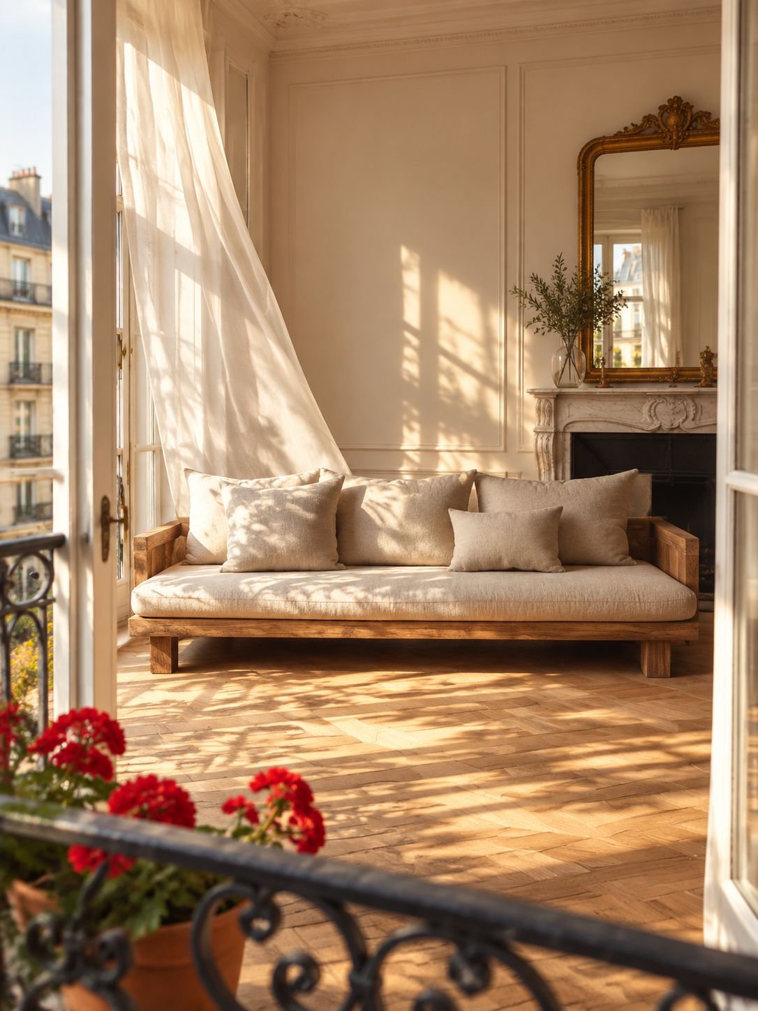 Intérieur naturel avec canapé trois places en bois
