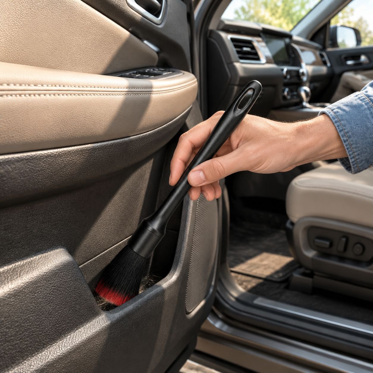 Car detailing brushes used on dashboard and air vents