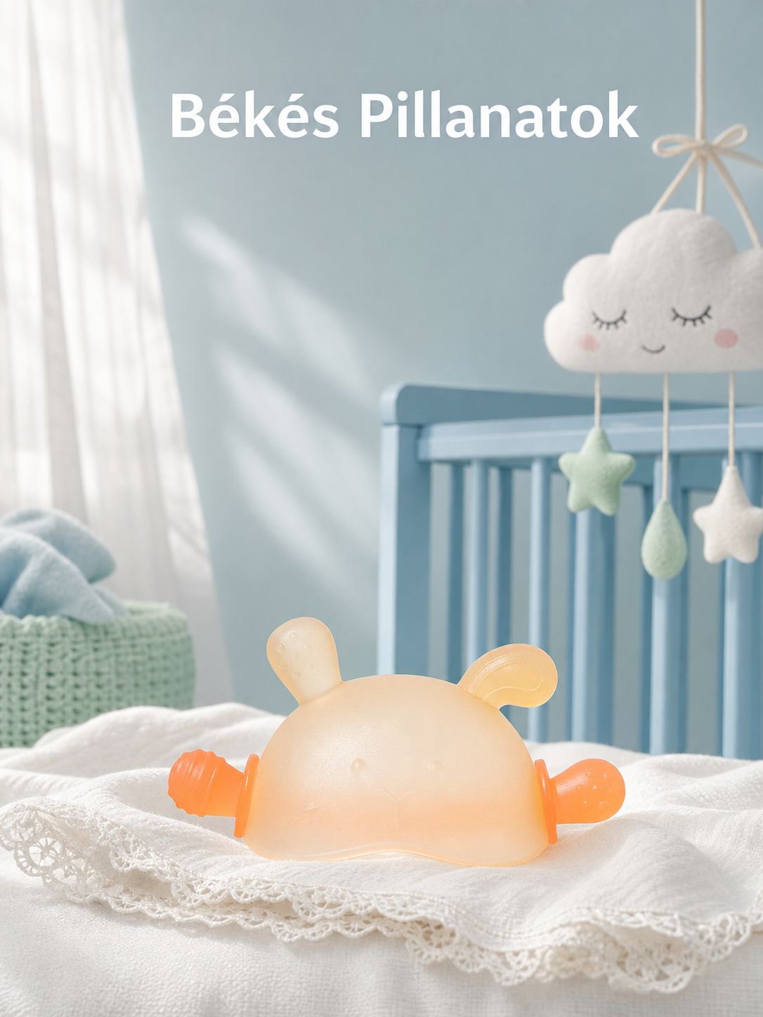 Nyuszis baba rágóka kézben tartva