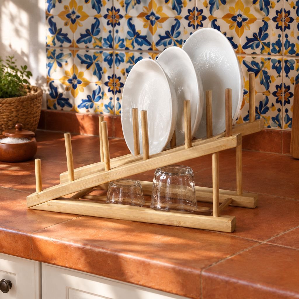 Escurridor y Organizador de Platos de Bambú para Cocina
