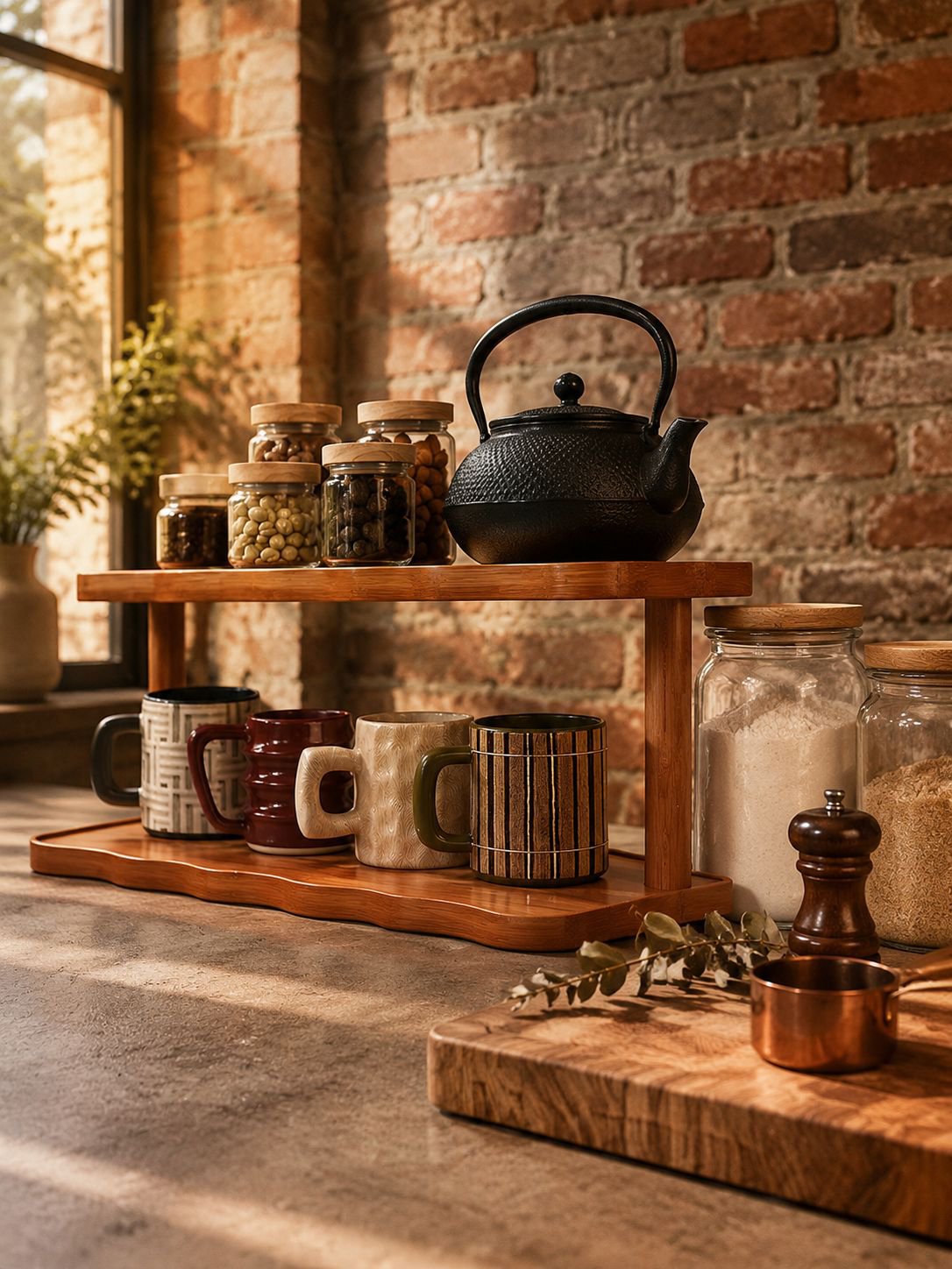 Close-up of multi-tier cup storage rack for workspace