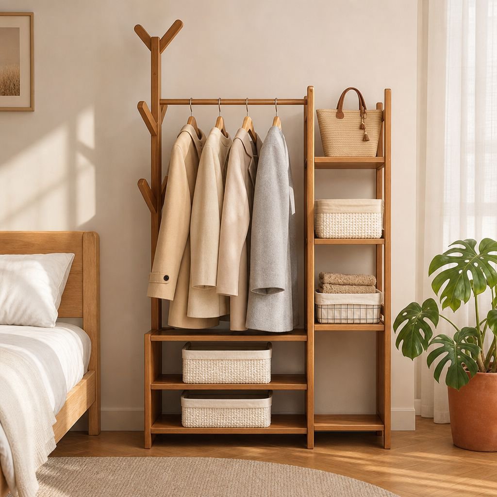 New Chinese Style Solid Wood Floor Coat Rack with Storage Drawer