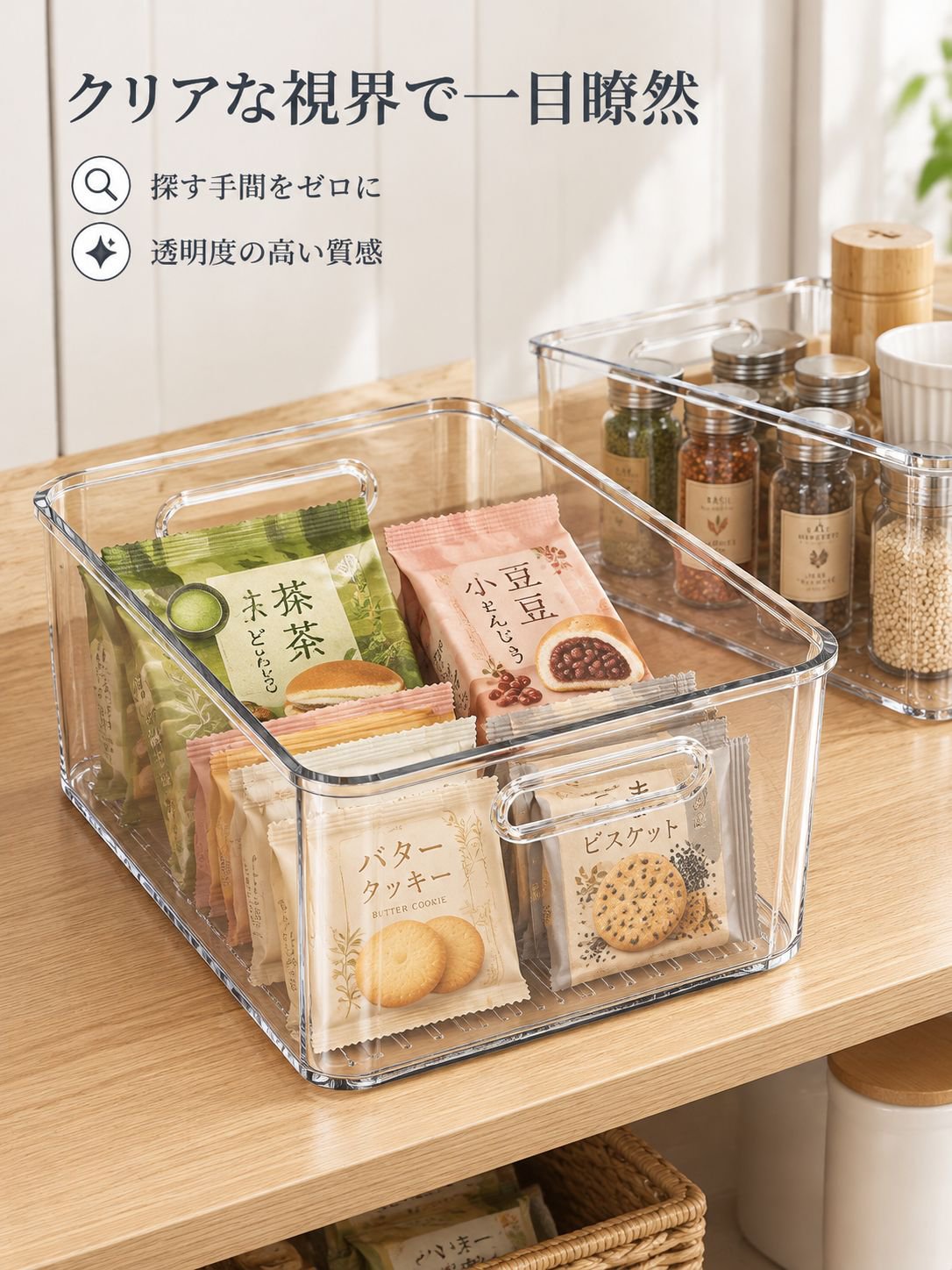 透明アクリル製デスク収納ボックス、中サイズの長方形お菓子収納ケース