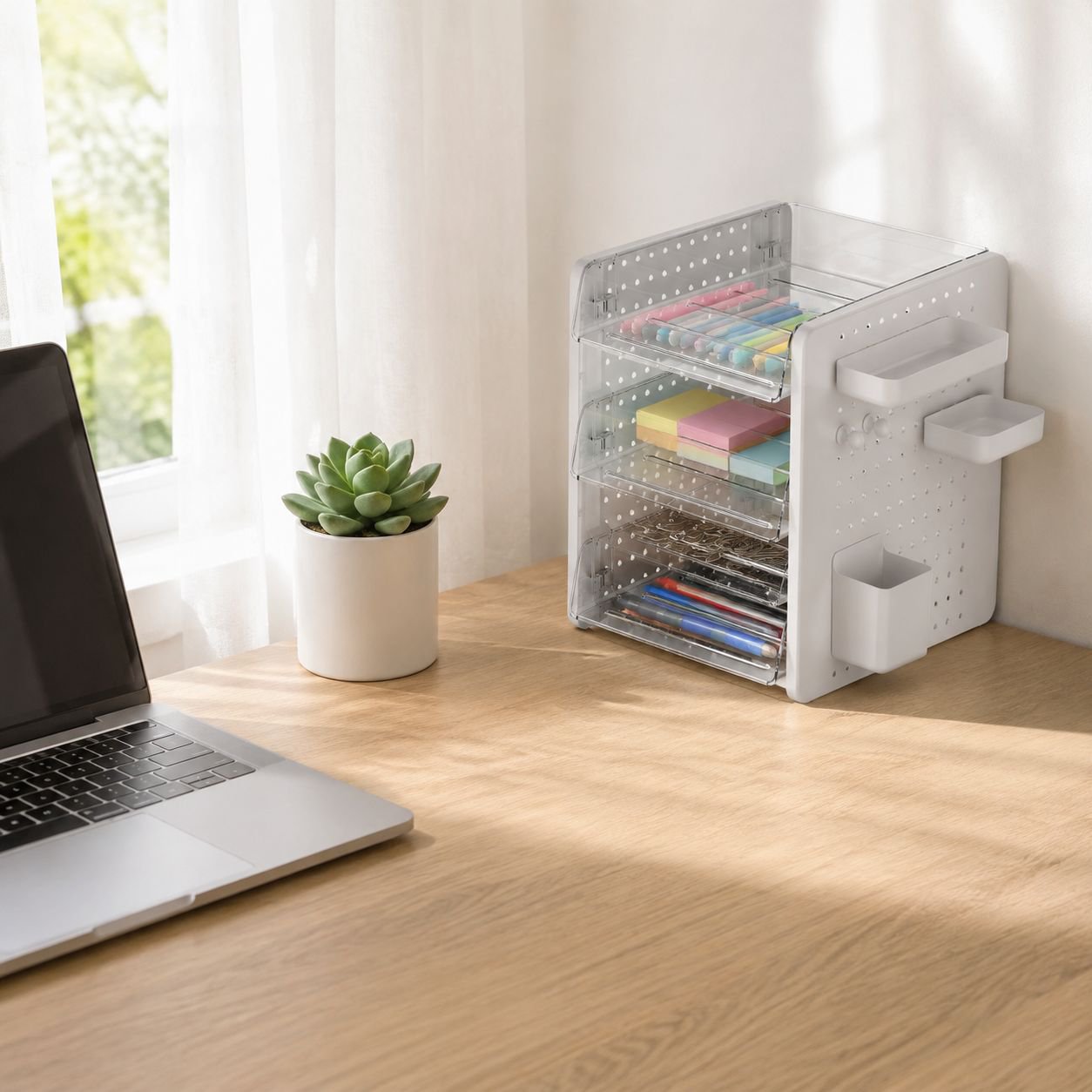 Organizador de escritorio con tablero perforado, solución todo en uno para papelería y cosméticos