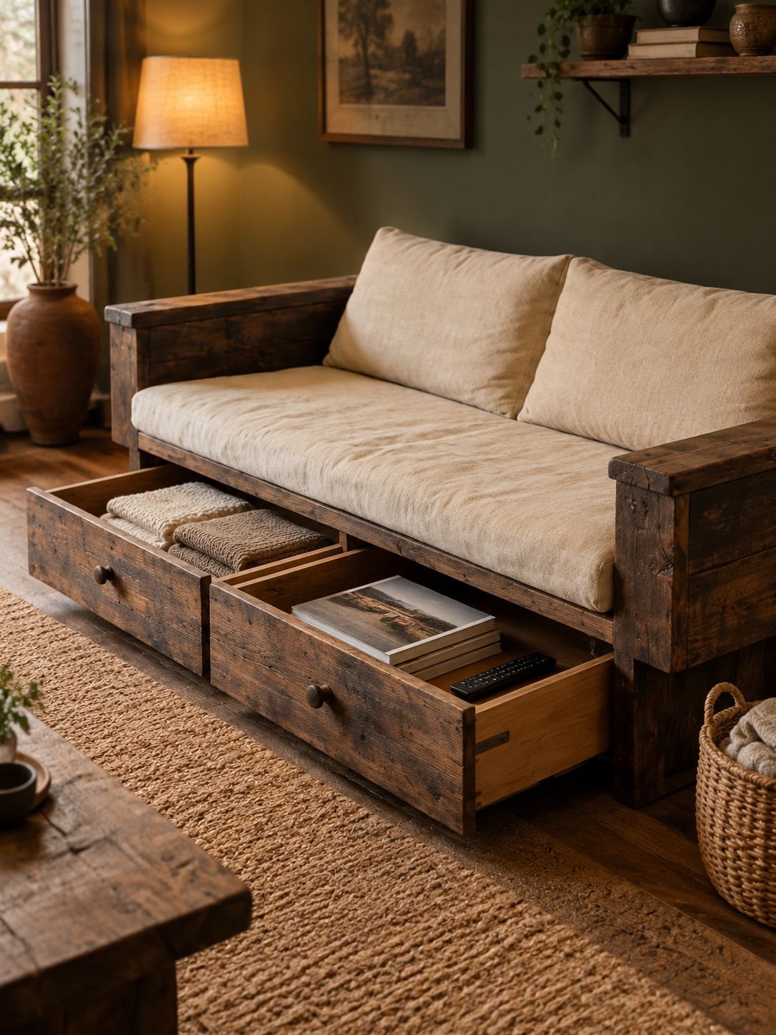 Massivholzsofa im Wabi-Sabi-Stil mit Antik-Finish und Schubladen-Stauraum