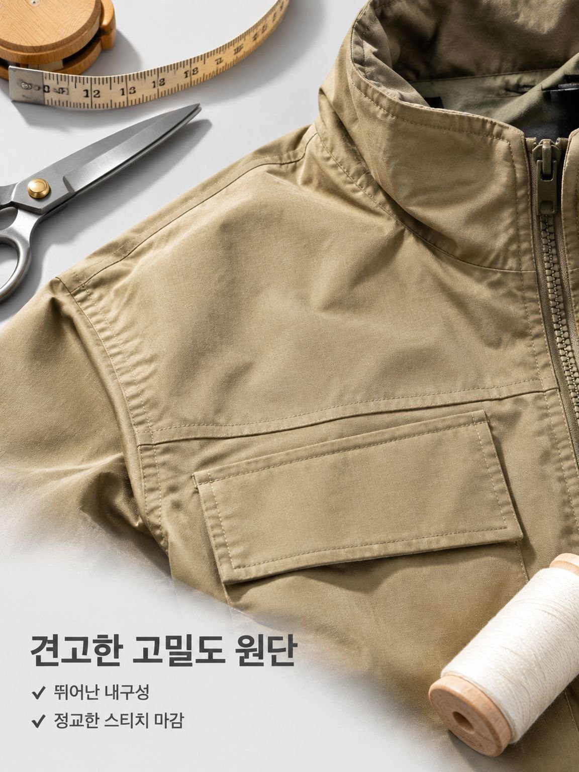 카키색 워크웨어 스탠드 칼라 배색 재킷