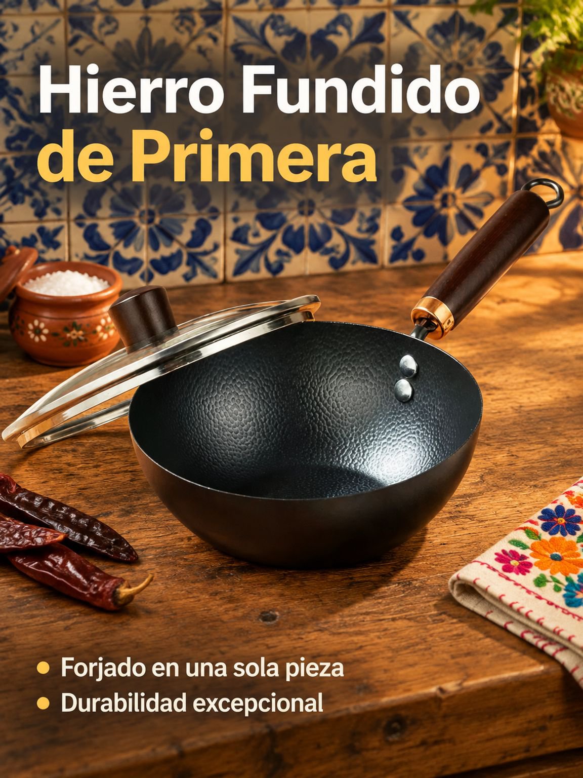 Cacerola de hierro fundido con textura martillada