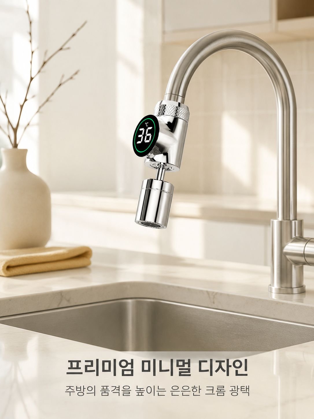 Close-up of faucet extender rotating for sink cleaning