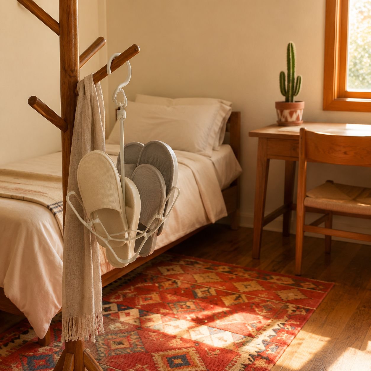 Perchero moderno que complementa la decoración del dormitorio estudiantil