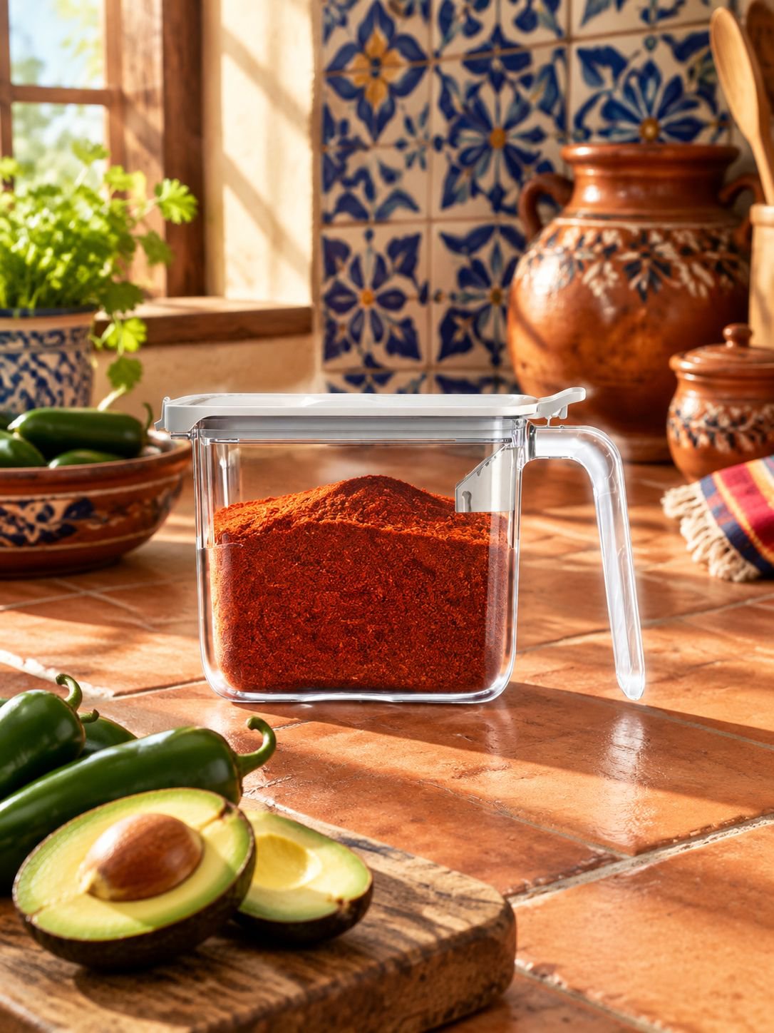 Recipiente transparente con asa para especias en cocina moderna
