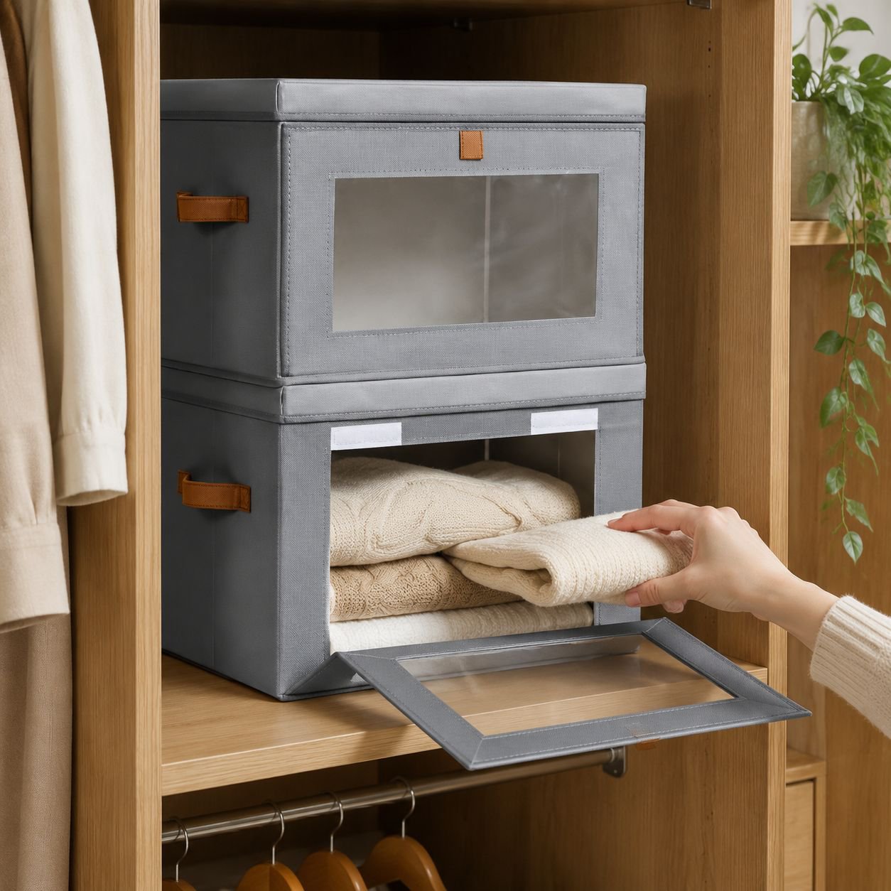 Seitlich öffnender Kleiderorganizer mit Klappdeckel und Sichtfenster für den Kleiderschrank
