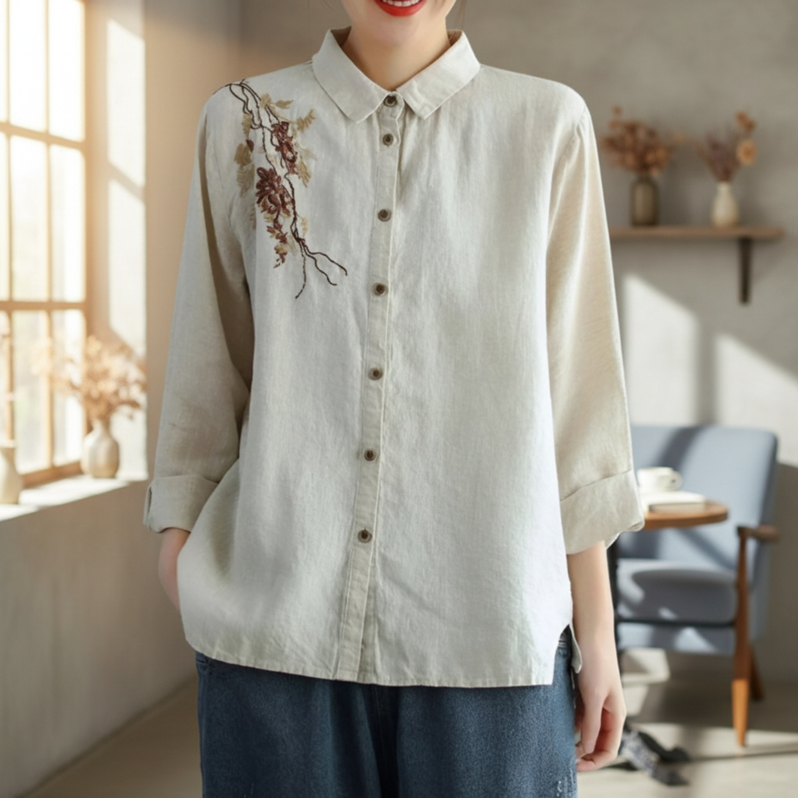 刺繍付きカジュアル長袖シャツ