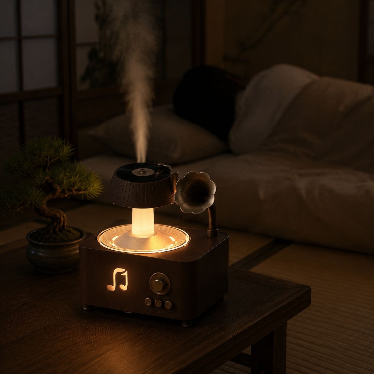 レトロ蓄音機型雨滴アロマディフューザー、リモコン付き、7色アンビエントライト、家庭用エッセンシャルオイルディフューザー、静音ワイヤレス加湿器