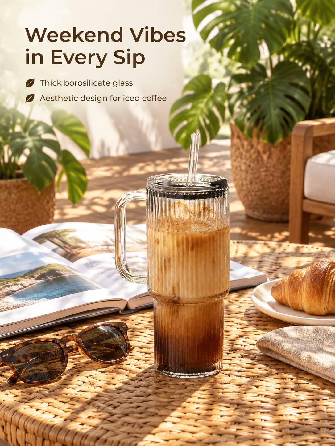 Front view of Large Glass Cup with Straw and Handle