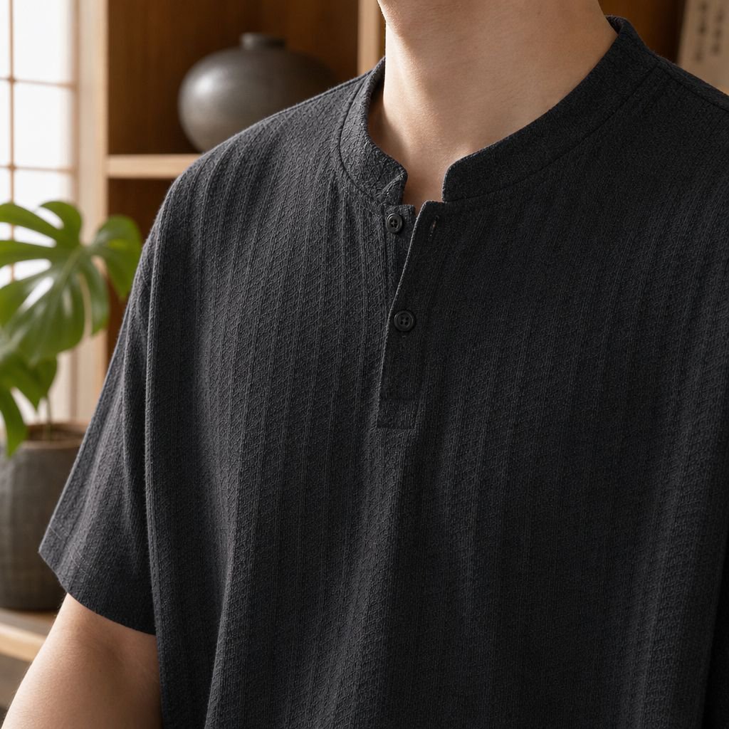 メンズ夏用ゆったり魚骨柄ヘンリーネック半袖Tシャツ正面写真