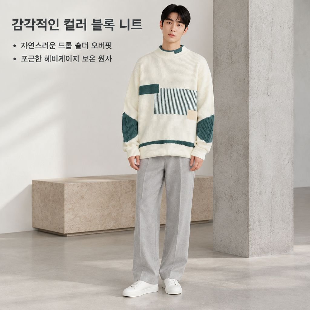 남성 겨울 하프넥 반폴라 배색 니트 스웨터 루즈핏 이너웨어