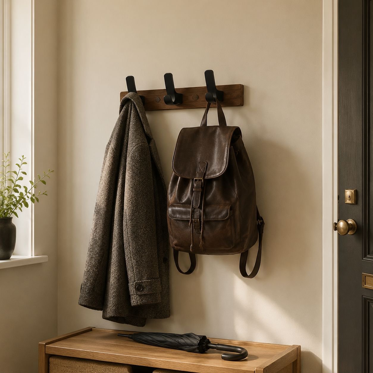 No-Drill Solid Wood Coat and Hat Hook for Door and Entryway