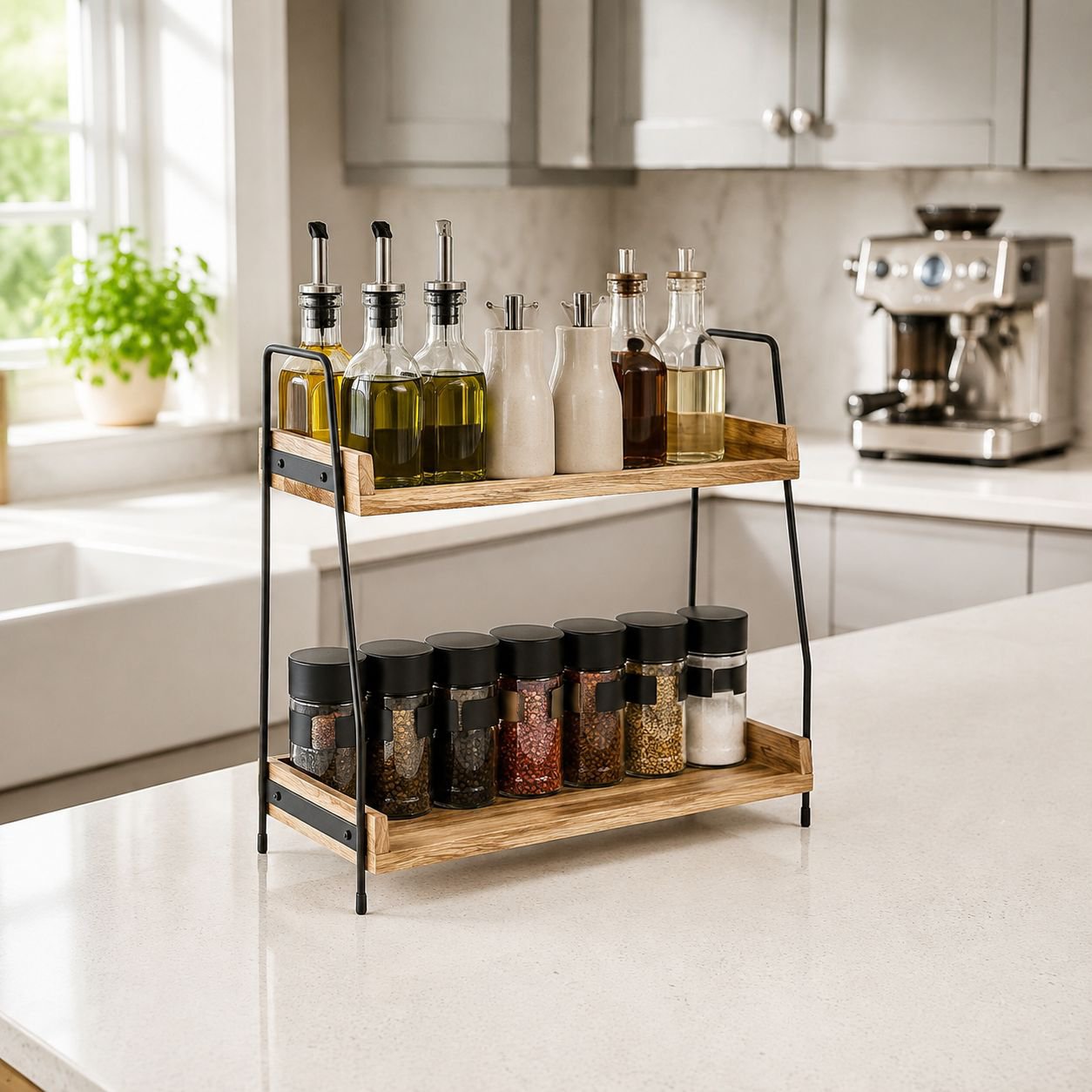 Double-layer storage rack installed in kitchen with spices and towels
