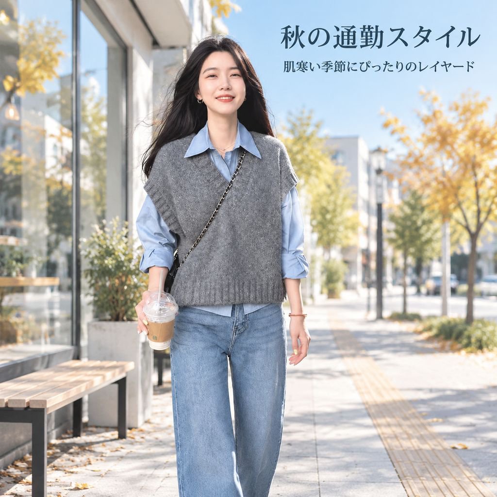 グレー スクールスタイル ニットベスト レディース 秋冬 重ね着 シャツセット
