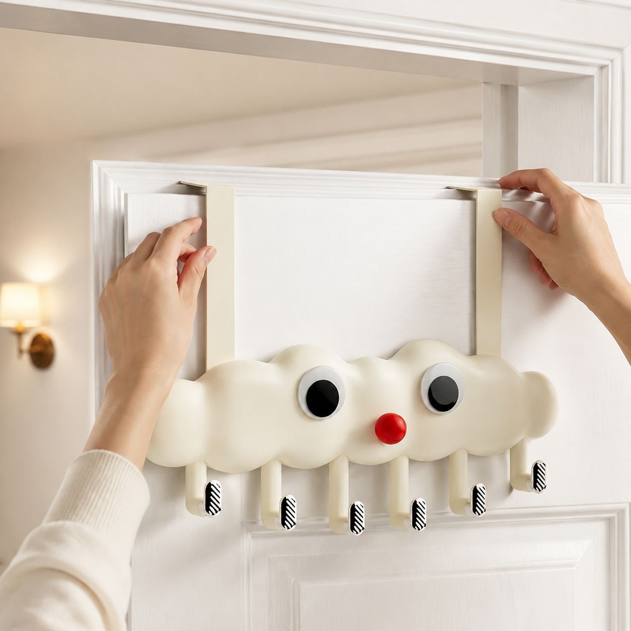 Multi-Functional Over-the-Door Hook installed on a wooden door