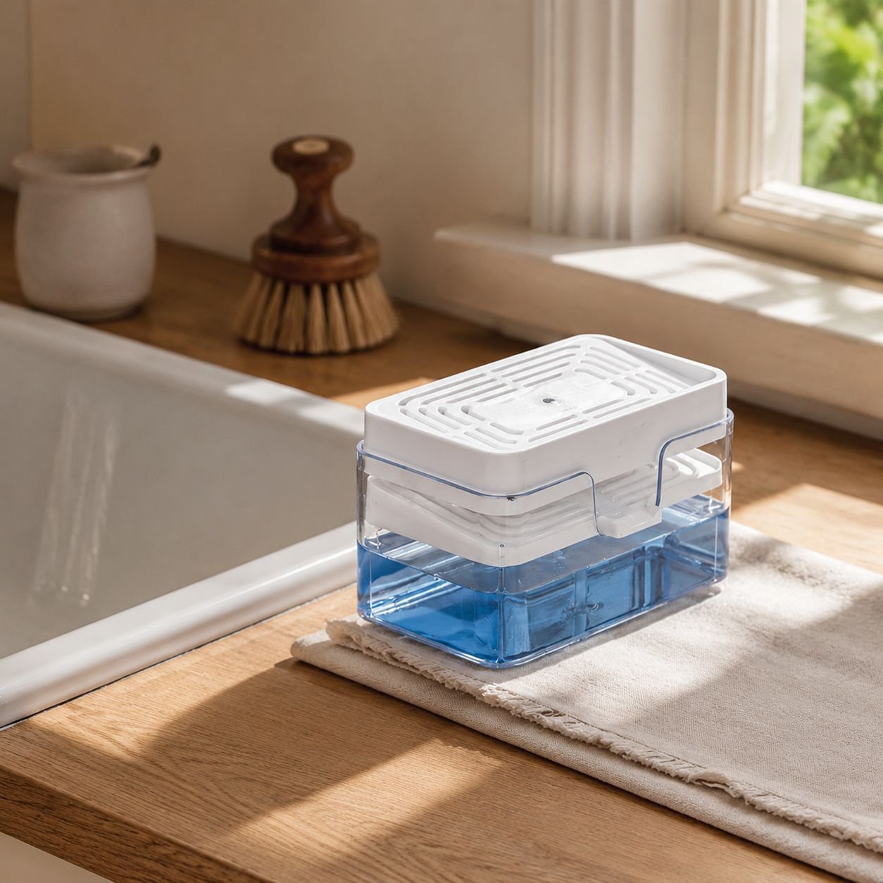 Press-and-Clean Soap Dispenser Brush
