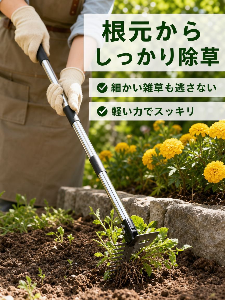 土をほぐしたり、雑草を取り除いたり、ガーデニングをするための、両面使える万能鍬、除草熊手、家庭用園芸道具。