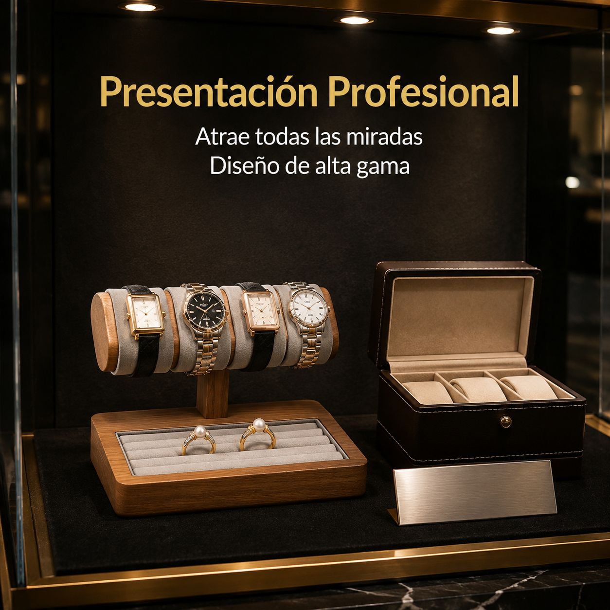 Estante de madera maciza para exhibir relojes y pulseras.