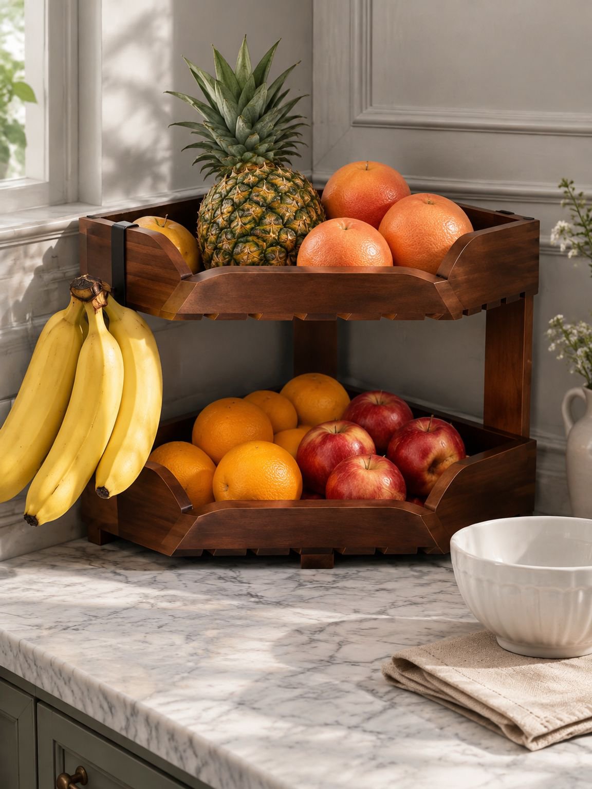 Vue rapprochée de l'étagère d'angle avec paniers de rangement fruits et légumes