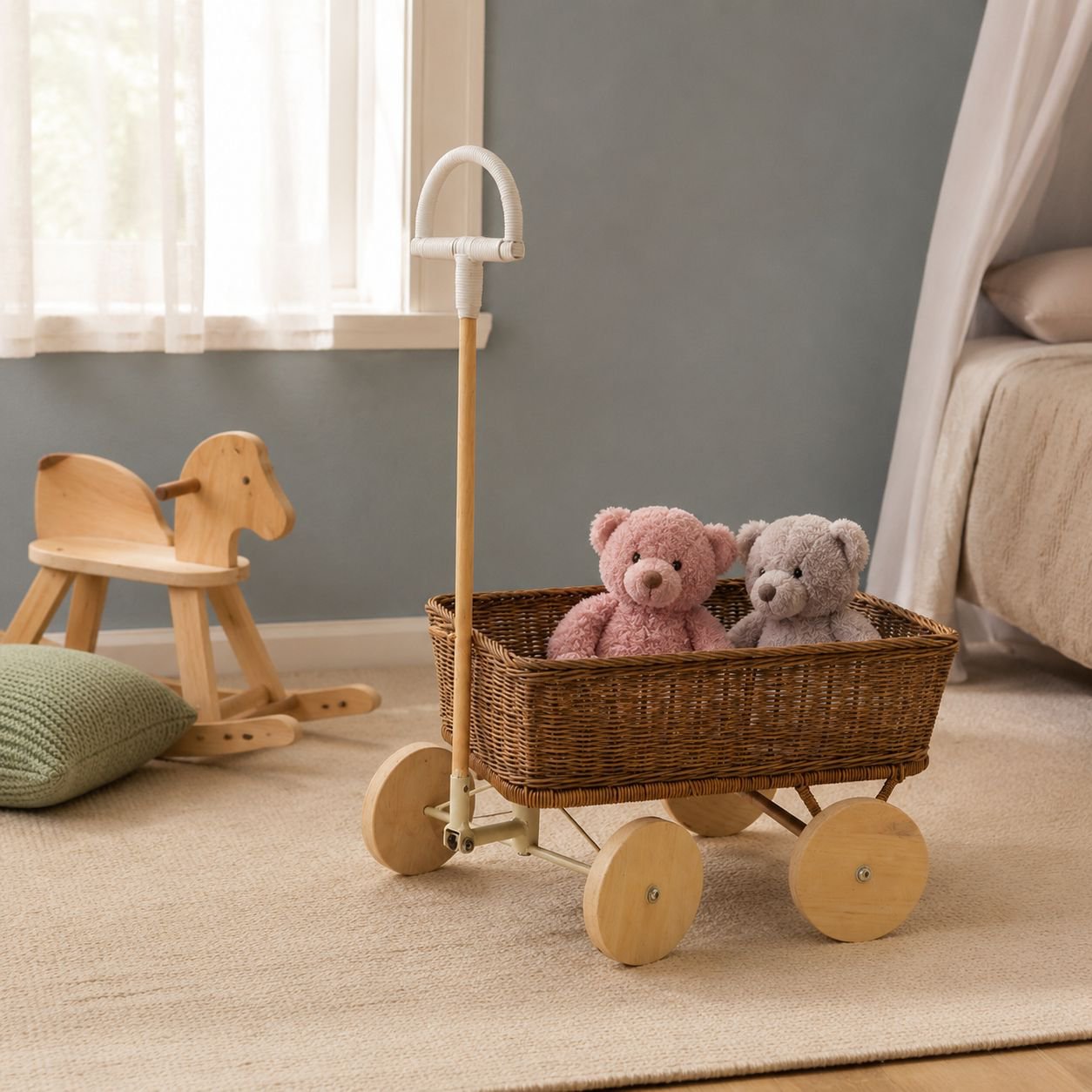 Outdoor Rattan Toy Storage Trolley Basket