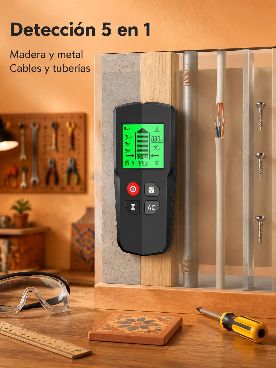Detector 5 en 1 para Pared (Tornillos/Metales/Cables)