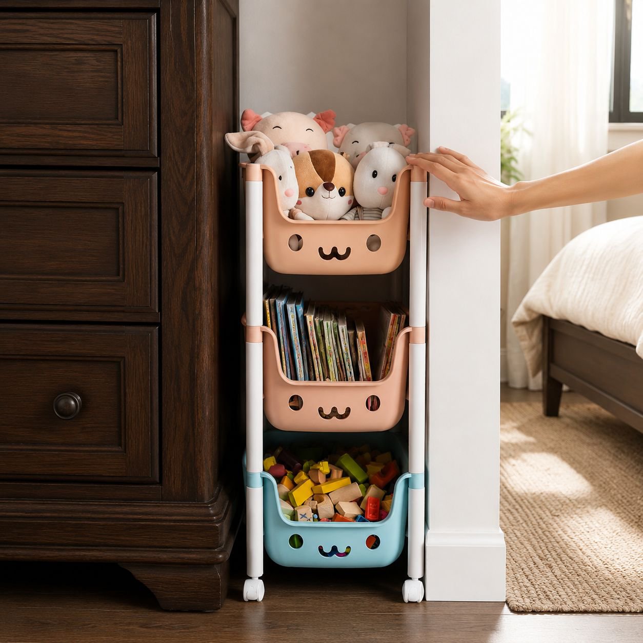 Toy storage trolley with multiple shelves holding stuffed animals