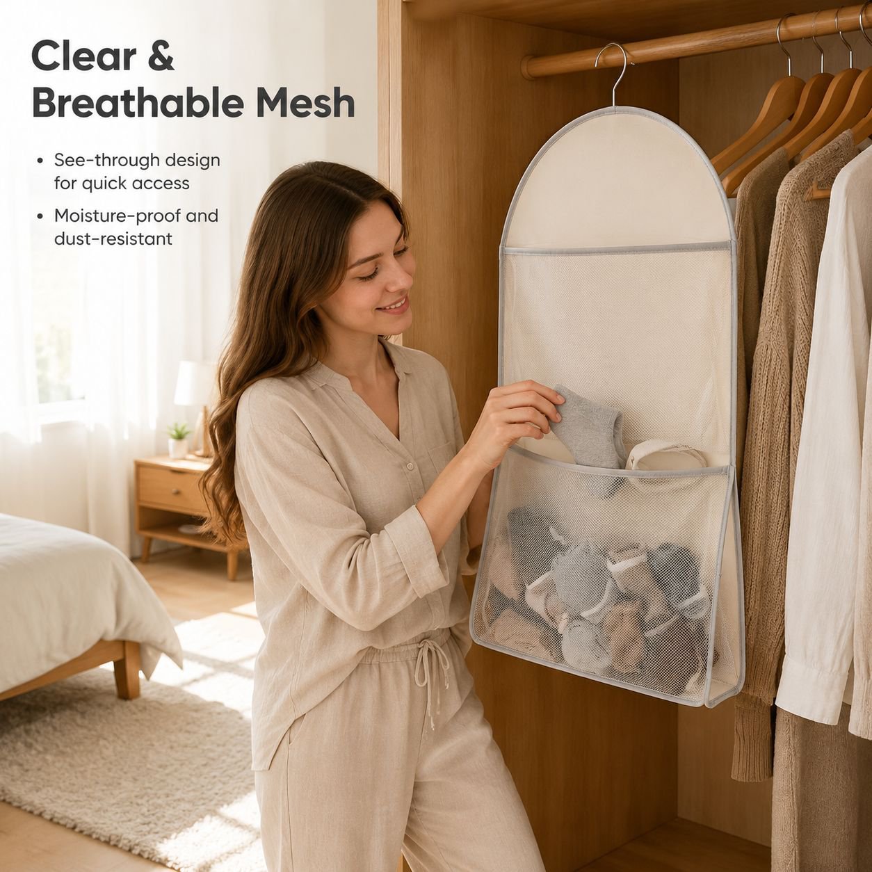 Multi-layer underwear storage hanging mesh bag