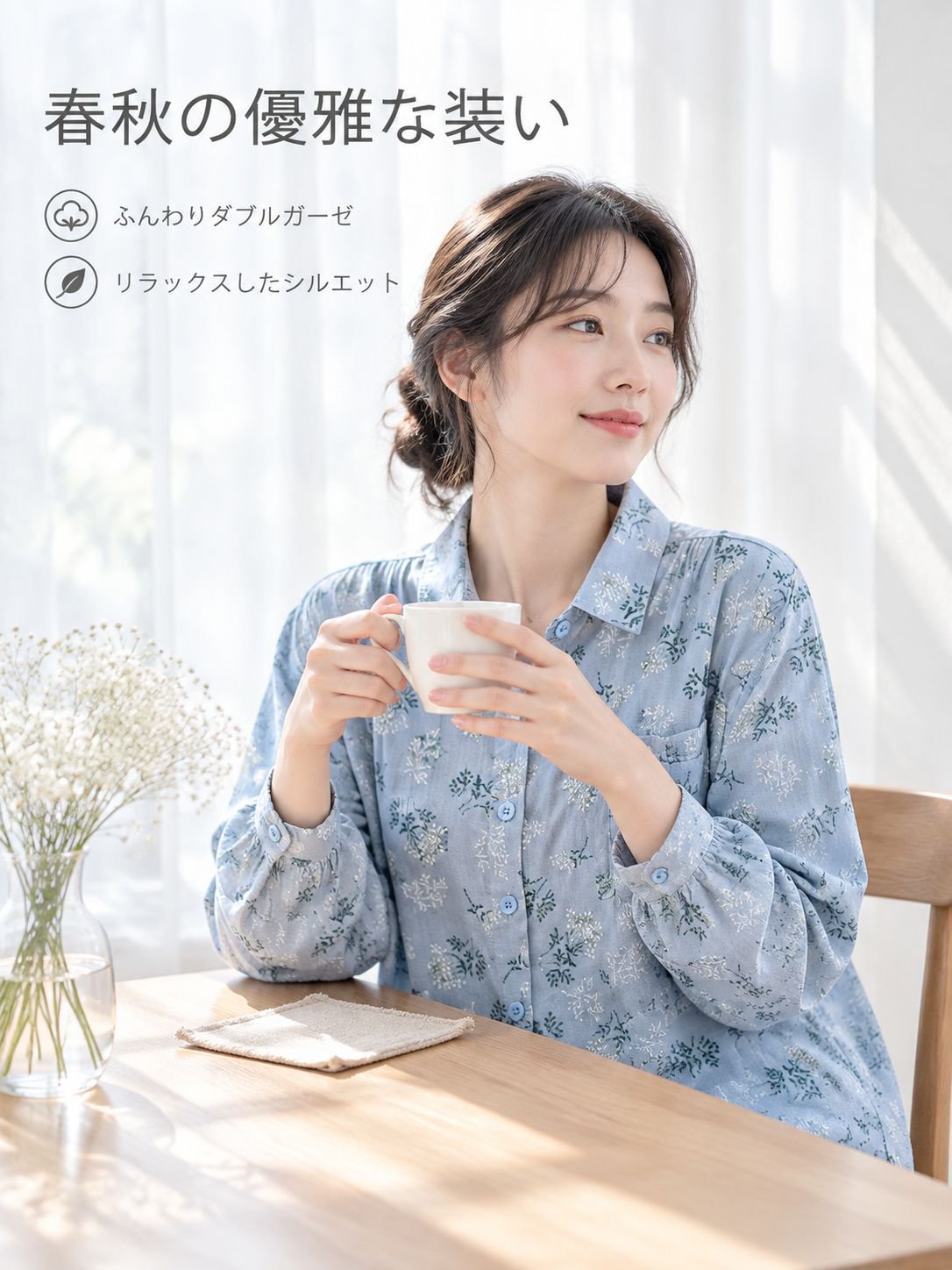 レトロ文芸風 春秋新作 二重ガーゼ フラワープリント シャツ