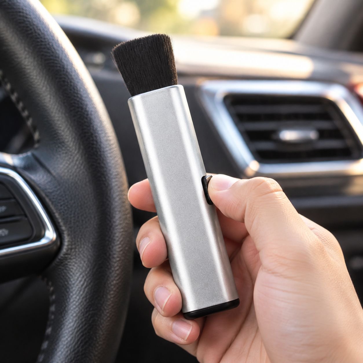 Multi-Functional Car Air Vent Soft Brush in use on dashboard