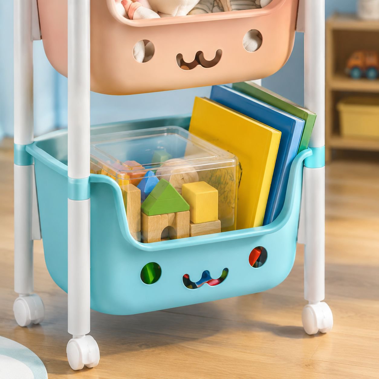 Multi-layer bedside toy storage trolley in children's bedroom