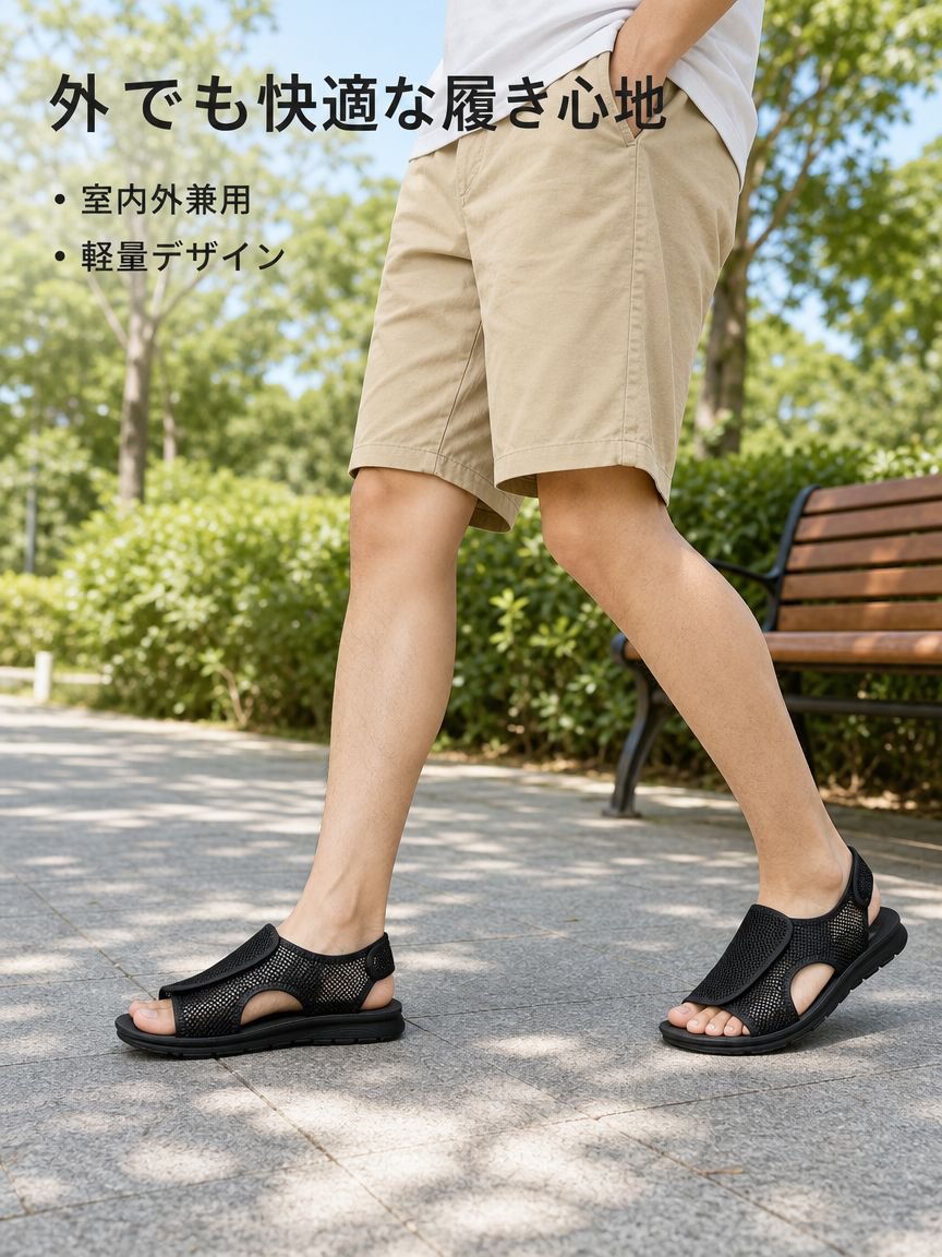 メンズ通気性軽量サンダル マジックテープ調節 滑り止め・水洗い可能メッシュスリッパ