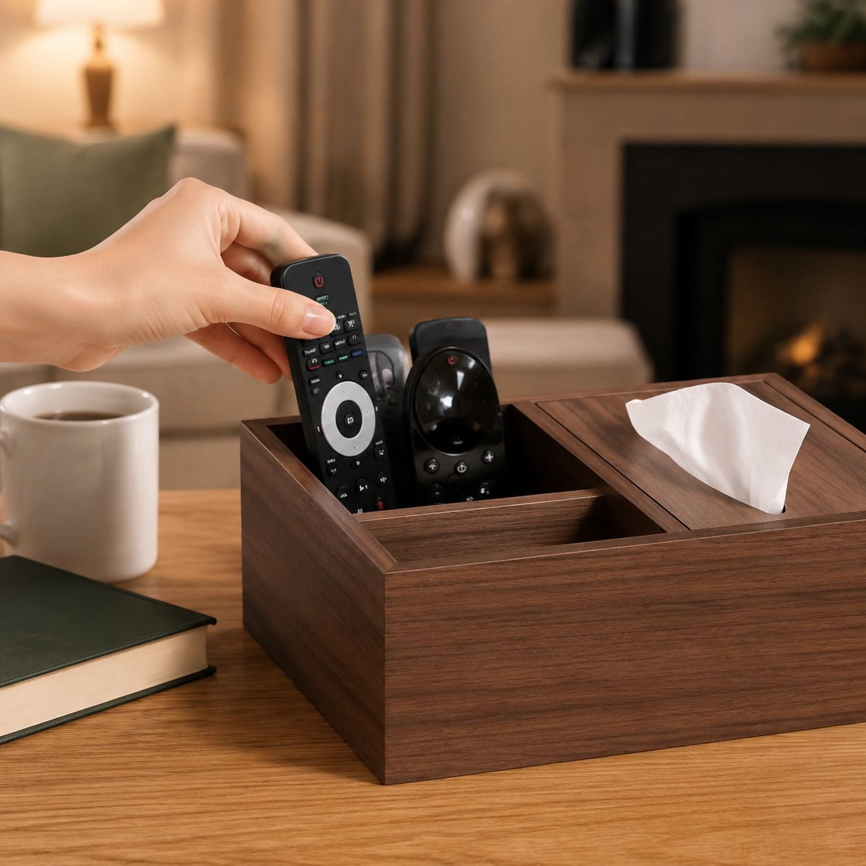 Multifunctional coffee table with tissue storage and remote organizer