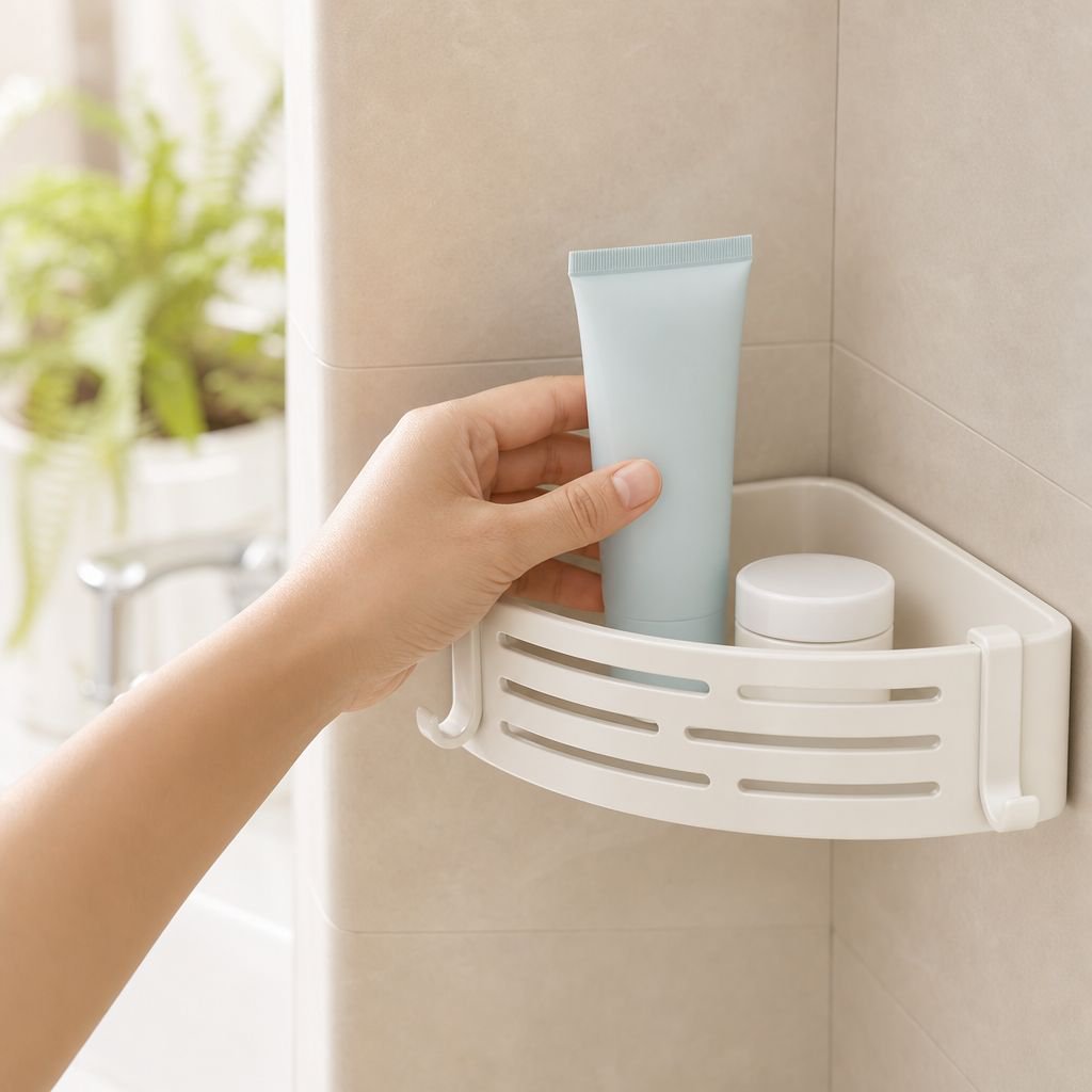 Vielfältig einsetzbares Eckregal im Badezimmer