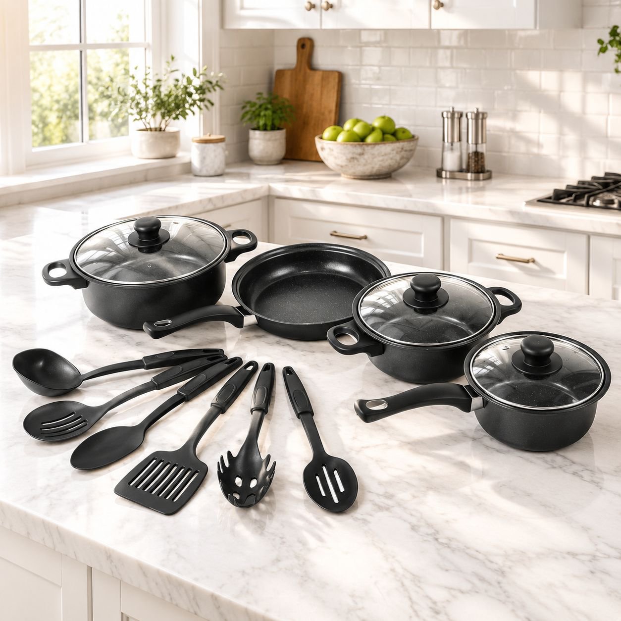Hot selling 12-piece cookware set with spatula, non-stick soup pot, milk pot, frying pan, Maifan sto