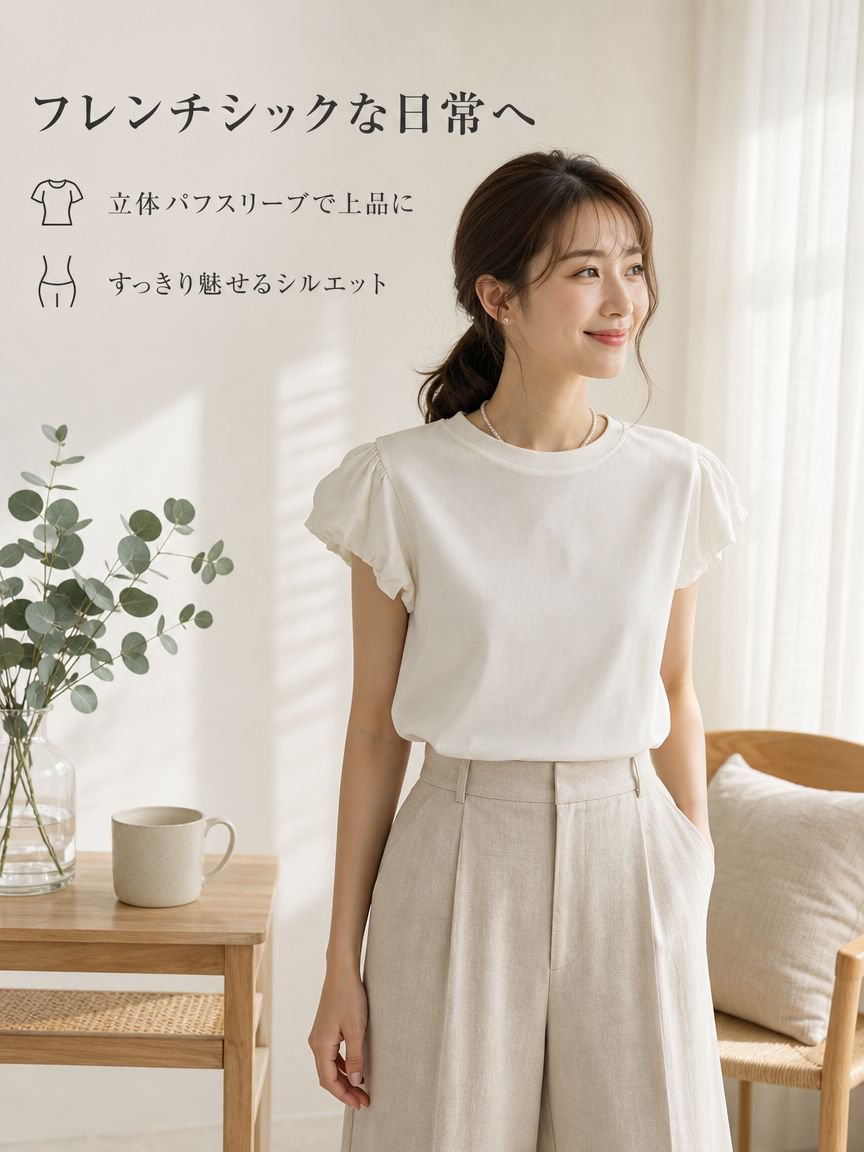 フレンチスタイルのパフスリーブラウンドネックTシャツ（レディース）、新作サマーデザイン、ユニークで洗練された、スリムに見えるトップス。