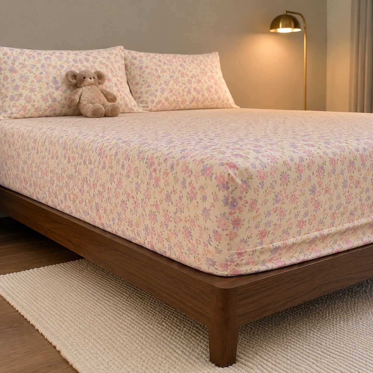 Bedroom with organized storage using bed skirt and sheet