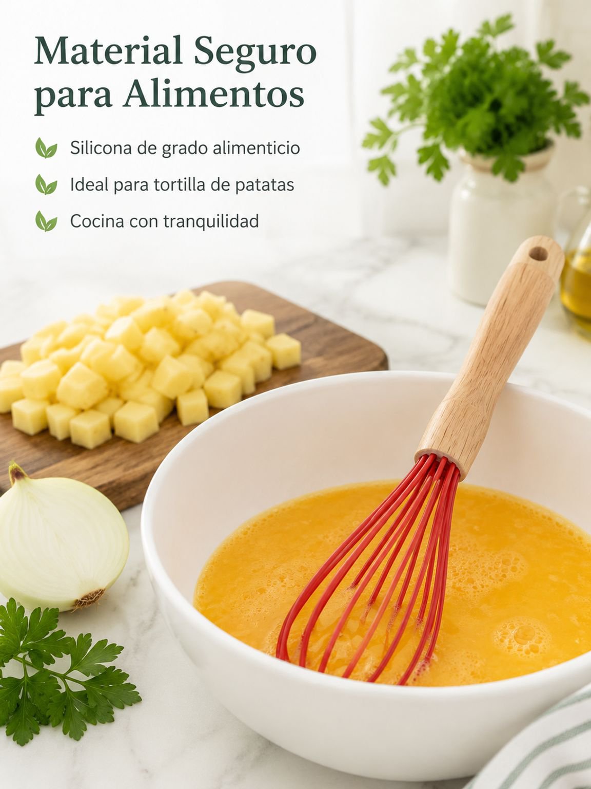 Batidor de silicona resistente con mango de madera ergonómico