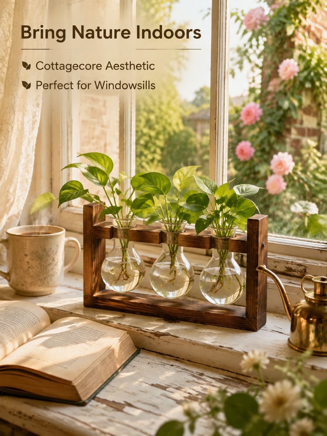 Glass Bottle Hydroponic Greenery Wooden Stand Ornament